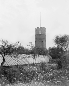 Highgate Windmill beyond greenhouses, late 1800s