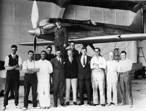'Pebbler' Webster (top, rear) with R.J. Mitchell (centre) and his Supermarine team, 1927.